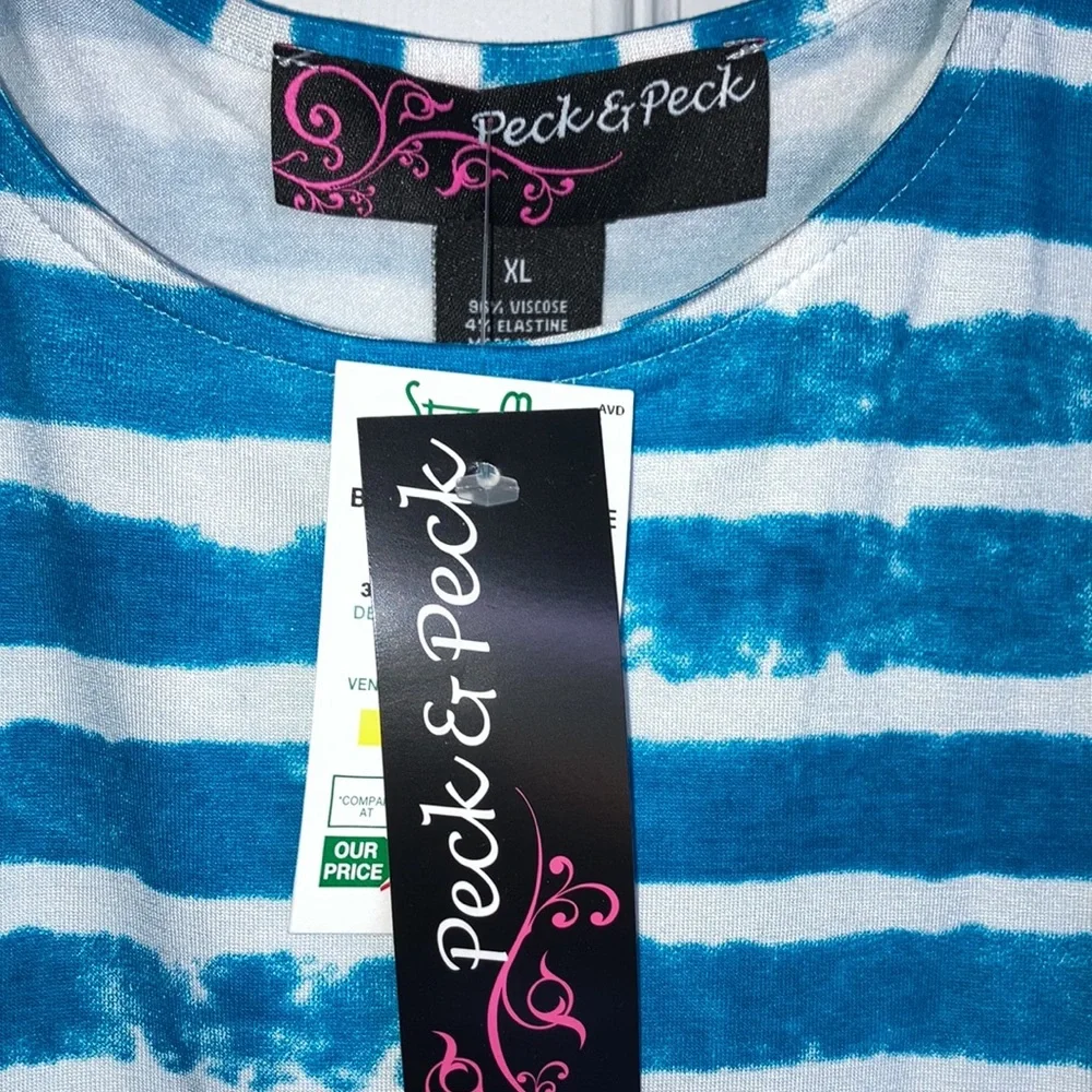 NWT PECK & PECK wh w/ turq. horizontal stripe cold- shoulder top, $20 - Picture 4 of 6